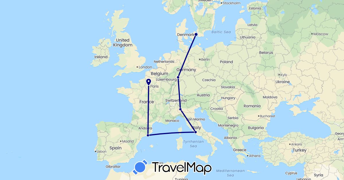 TravelMap itinerary: driving in Germany, Denmark, Spain, France, Italy (Europe)