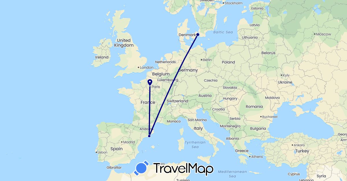 TravelMap itinerary: driving in Denmark, Spain, France (Europe)